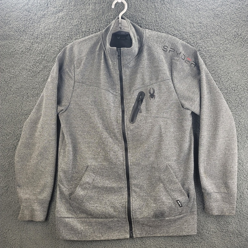 Spyder Active Jacket Charcoal Gray Mens Large Full Zip Pockets Spellout Sweater